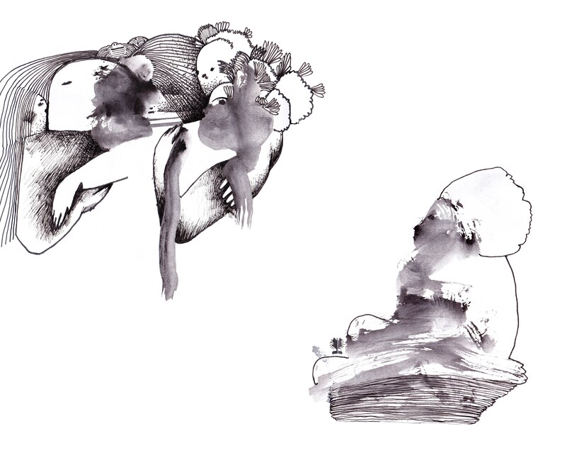 May include: Black and white ink drawing of two figures. The first figure is a woman with long hair and a floral crown. The second figure is a person sitting with their head down.