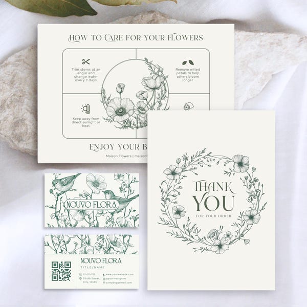 Mini Florist Branding Kit Canva Templates | Editable Flower Care Card, Thank You Card & Business Card | Botanical Floral Stationery