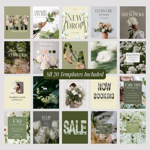 A complete overview of 20 florist Instagram templates, including new collection posts, pricing guides, floral palettes, quotes, care tips, now booking graphics, and sale announcements. Designed in Canva for flower shops, bouquet designers, and botanical creatives.