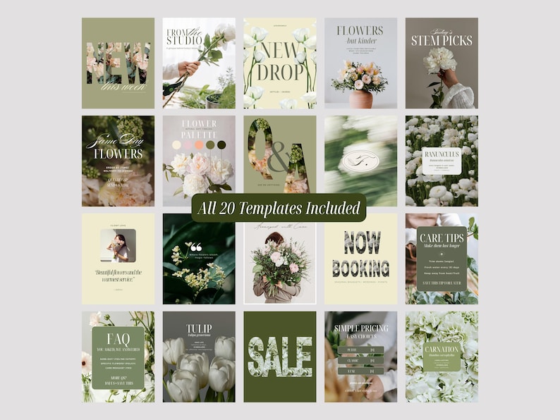 A complete overview of 20 florist Instagram templates, including new collection posts, pricing guides, floral palettes, quotes, care tips, now booking graphics, and sale announcements. Designed in Canva for flower shops, bouquet designers, and botanical creatives.
