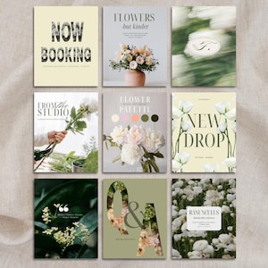 A curated Instagram template bundle for florists featuring 20 editable Canva posts in a soft botanical style. Includes modern text layouts, floral imagery, pricing guides, bouquet highlights, and announcement graphics for flower shops and studio marketing.