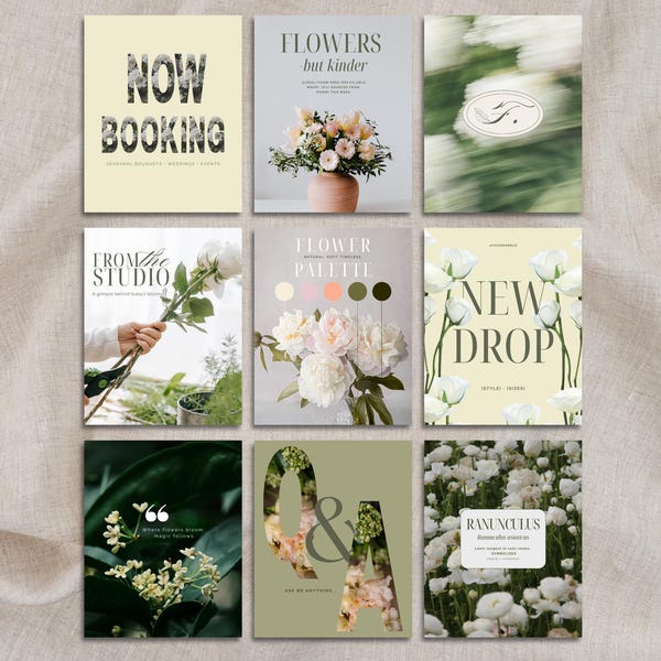 Florist Instagram Templates | 20 Editable Canva Posts | Flower Shop Social Media Bundle | Minimal Botanical Marketing Kit 4:5 Ratio