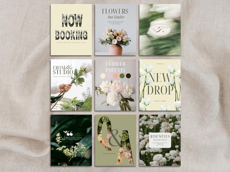 A curated Instagram template bundle for florists featuring 20 editable Canva posts in a soft botanical style. Includes modern text layouts, floral imagery, pricing guides, bouquet highlights, and announcement graphics for flower shops and studio marketing.
