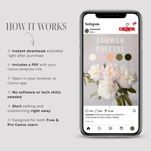 May include: A smartphone screen shows an Instagram post featuring a floral design and colour palette. The text reads "FLOWER PALETTE" with a bouquet of white and pink flowers. Further text explains how to download and customise the design.