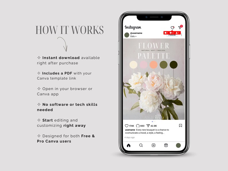May include: A smartphone screen shows an Instagram post featuring a floral design and colour palette. The text reads "FLOWER PALETTE" with a bouquet of white and pink flowers. Further text explains how to download and customise the design.