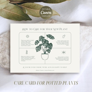 Peut inclure: Une carte de soins crème pour plantes en pot avec une illustration de plante Monstera. La carte fournit des instructions d'entretien, notamment la lumière du soleil, l'arrosage, la température et des conseils d'observation. Le texte indique "How to Care for Your New Plant."