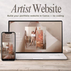 May include: A laptop and smartphone display an artist website design. The laptop screen shows a website layout with a painting and a person. The phone displays a similar design. Text on the screen reads "Artist Website" and "Build your portfolio website in Canva - no coding."