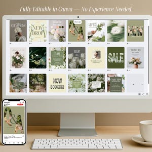 A live preview showing florist Instagram templates displayed in Canva on a computer and phone. The bundle includes elegant 4:5 social media posts with floral photos, nature-inspired typography, and editable layouts for bouquet promos, announcements, and flower shop branding.