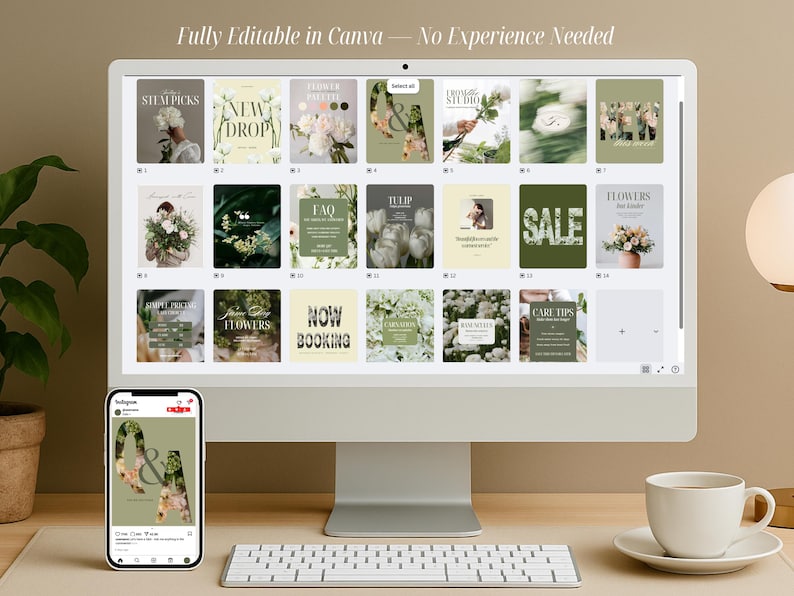 A live preview showing florist Instagram templates displayed in Canva on a computer and phone. The bundle includes elegant 4:5 social media posts with floral photos, nature-inspired typography, and editable layouts for bouquet promos, announcements, and flower shop branding.