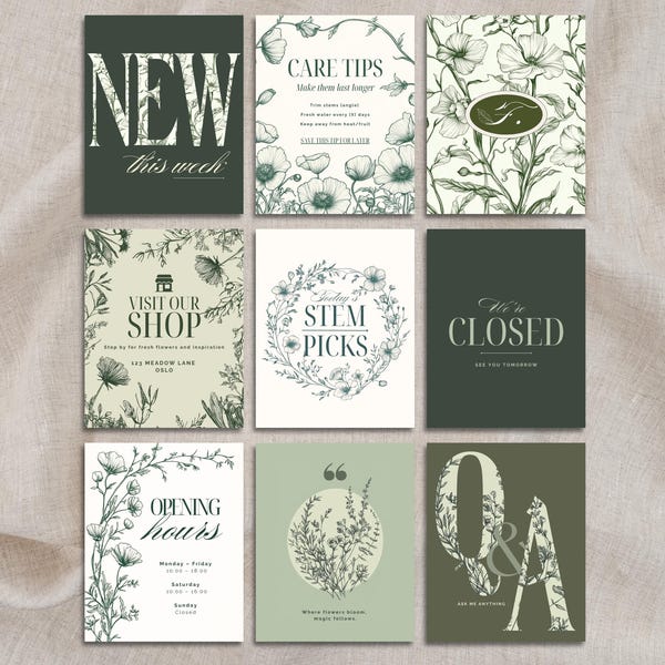 Instagram Post Templates for Florist | 15 Editable Canva Posts | Botanical Green Social Media Bundle | Flower Shop Social Media Template 4:5