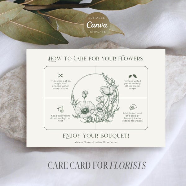 Editable Care Card Template for Florist | Product Care Instructions Canva Template | Botanical Small Business Insert | Florist Tools