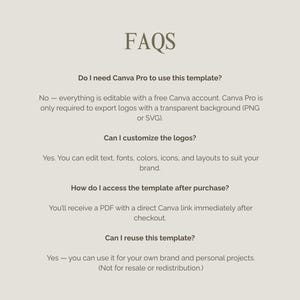 May include: A beige graphic with the title "FAQs" in a serif font. The text answers questions about a Canva template, including whether Canva Pro is needed, logo customization, access after purchase, and reuse rights.