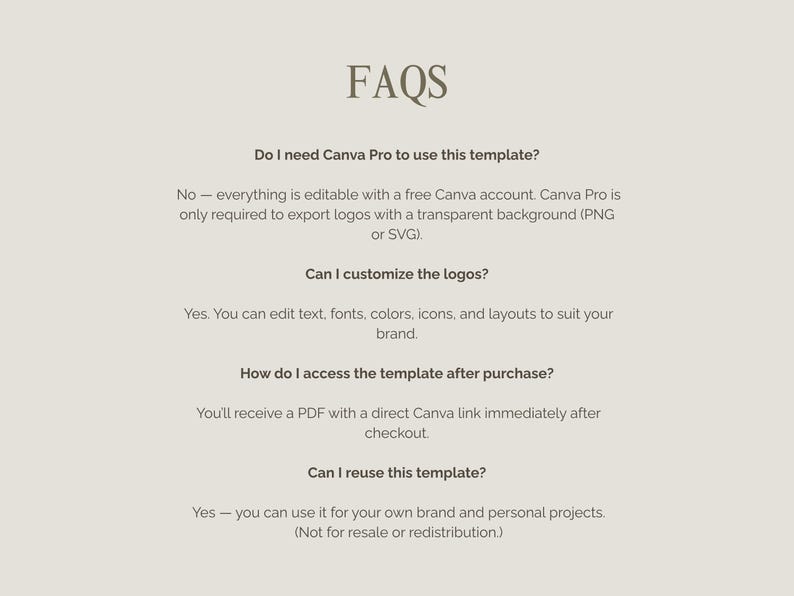 May include: A beige graphic with the title "FAQs" in a serif font. The text answers questions about a Canva template, including whether Canva Pro is needed, logo customization, access after purchase, and reuse rights.