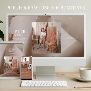 May include: A desktop computer, tablet, and smartphone display a website design for artists. The website features a neutral color palette with a photo of an artist in a studio. The text "PORTFOLIO WEBSITE FOR ARTISTS" is at the top.