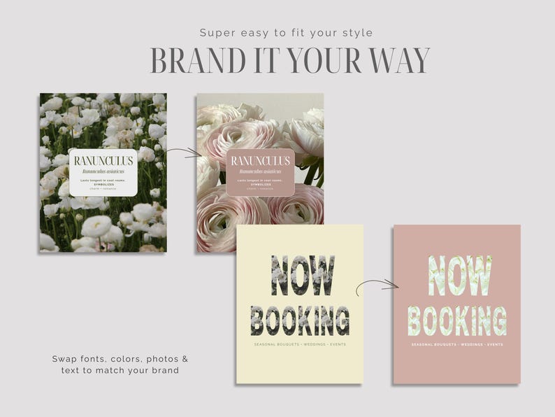Before-and-after examples showing how easily florists can personalize Canva templates. Editable colors, photos, text, and branding help flower shops create cohesive Instagram posts for bouquets, events, workshops, and seasonal floral promotions.