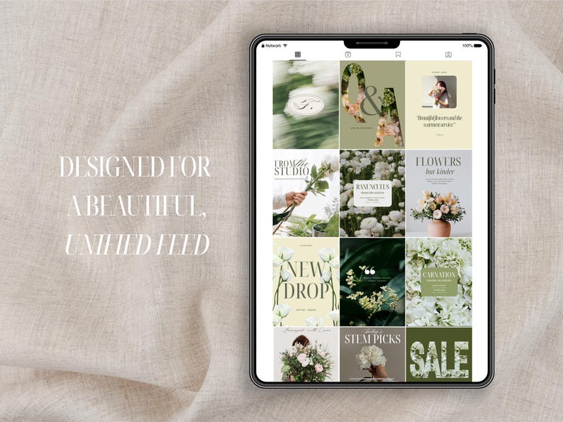 May include: A tablet screen shows a grid of floral-themed social media posts. The posts feature images of flowers, text overlays, and a neutral colour palette. The text "DESIGNED FOR A BEAUTIFUL, UNIFIED FEED" is displayed on the background.