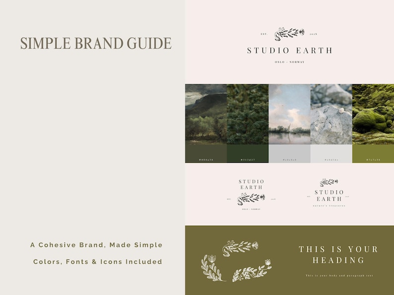 simple brand guide with colors and fonts, minimal branding kit for small business editable in canva