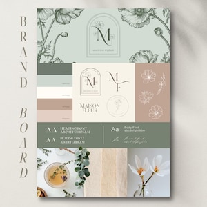 Peut inclure: Un moodboard de marque à thème floral. Le tableau présente un logo avec le texte "MAISON FLEUR", des échantillons de couleurs dans les tons de vert et de rose, et des illustrations florales. Le mot "BRAND BOARD" est écrit verticalement sur le côté gauche.