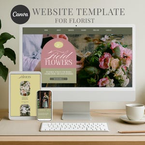 May include: A desktop computer, tablet, and smartphone display a website template for a florist. The website features a pink and green design with the words "Field Flowers." A cup of coffee and a plant are on the desk.