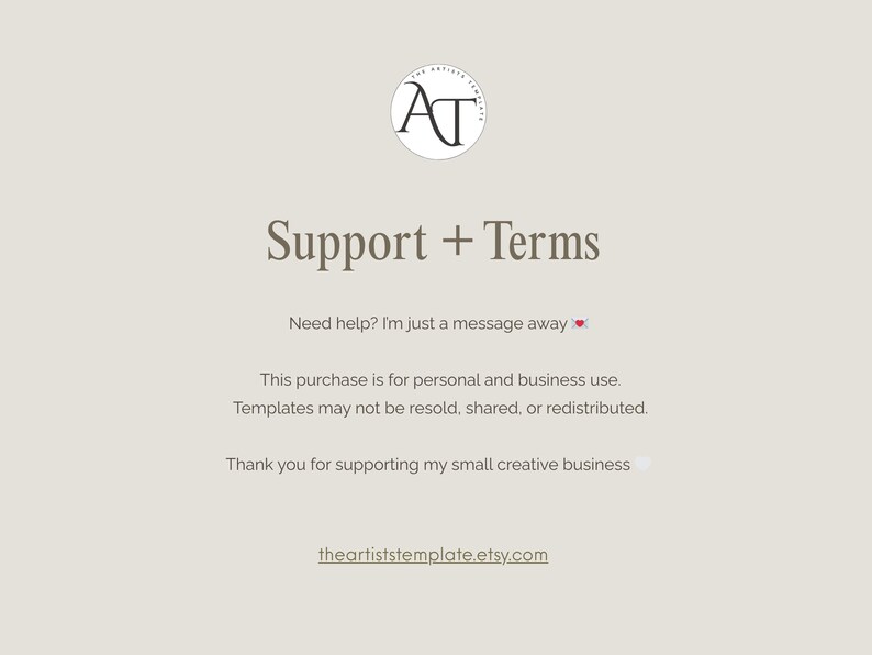 May include: A light beige graphic with the text "Support + Terms" and the Etsy shop logo. The text includes a message about support, usage terms, and a thank you. The shop's Etsy URL is also included.
