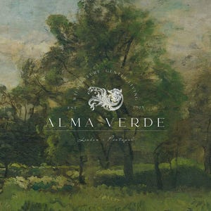 May include: An antique-style landscape painting featuring lush green trees and foliage under a cloudy sky. The artwork has a vintage aesthetic, with the text "ALMA VERDE" and "London - Portugal" in the lower center.