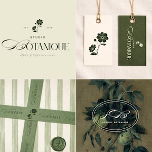 Peut inclure: Ensemble d'éléments de branding pour "Studio Botanique". L'image présente un logo, des étiquettes, un ruban et un sceau de cire, dans une palette de couleurs vert et crème. Le logo intègre des illustrations florales et une typographie élégante.