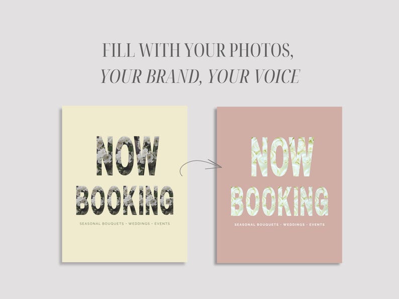 May include: Two square cards with the words "NOW BOOKING" in large, floral-filled letters. One card is cream-coloured, the other is dusty rose. The text "SEASONAL BOUQUETS - WEDDINGS - EVENTS" appears below the main text.