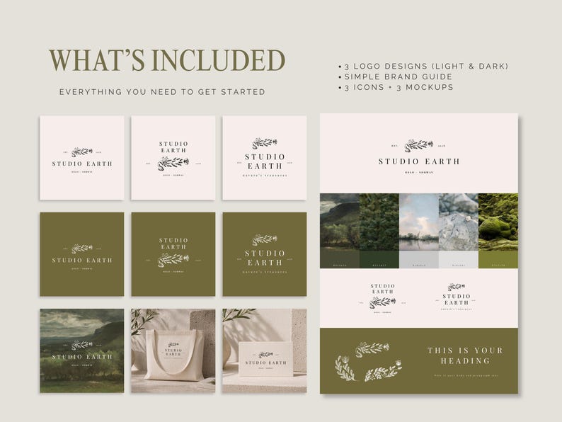 logo starter kit contents overview, canva logo template set with brand guide icons and mockups included