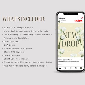 May include: A smartphone screen shows an Instagram post with the words "NEW DROP" and white floral designs. The image is part of a marketing package, including templates for posts, announcements, and colour guides. The package includes fully editable text, colours, and images.