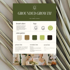 Peut inclure: Tableau de conception avec le texte "GROUNDED GROWTH" en police serif. Le tableau comprend les valeurs de la marque, les variations du logo et une palette de couleurs beige, marron, vert et noir. Le logo présente un "G" stylisé.