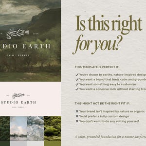 May include: A graphic design template with the text "Is this right for you?" and "Studio Earth, Oslo - Norway." The design features a landscape painting, a logo, and a list of features and benefits.