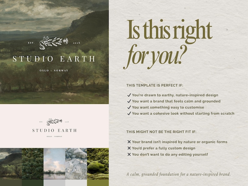May include: A graphic design template with the text "Is this right for you?" and "Studio Earth, Oslo - Norway." The design features a landscape painting, a logo, and a list of features and benefits.