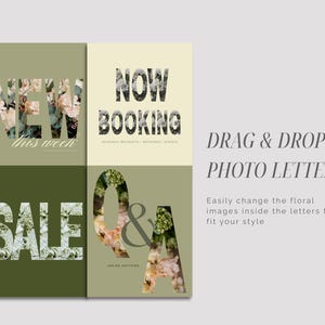 Instagram templates featuring floral photo-letter frames for SALE, NOW BOOKING, NEW, and Q&A posts. Users can drag in their own flower photography to customize the background, creating unique, modern marketing visuals for florist social media.