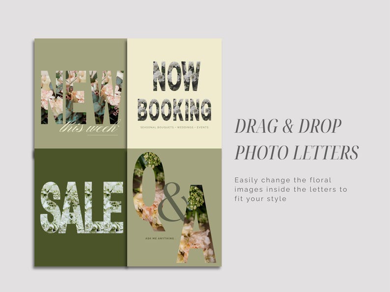 Instagram templates featuring floral photo-letter frames for SALE, NOW BOOKING, NEW, and Q&A posts. Users can drag in their own flower photography to customize the background, creating unique, modern marketing visuals for florist social media.