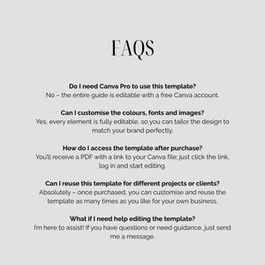 May include: A light grey background with the word "FAQS" in a black, elegant font. Below, a list of questions and answers about a template, including Canva Pro usage, customisation, access, and reuse.