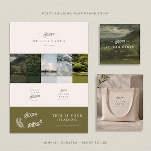 May include: A branding design layout featuring the "STUDIO EARTH" logo, color palette, and a tote bag mockup. The design includes the text "START BUILDING YOUR BRAND TODAY", "THIS IS YOUR HEADING", and the words "SIMPLE CURATED READY TO USE".