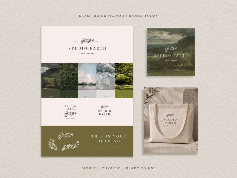 May include: A branding design layout featuring the "STUDIO EARTH" logo, color palette, and a tote bag mockup. The design includes the text "START BUILDING YOUR BRAND TODAY", "THIS IS YOUR HEADING", and the words "SIMPLE CURATED READY TO USE".
