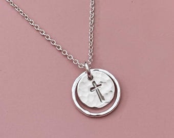 Dainty Cross Necklace, Sterling Silver Pendant, Handmade Quiet Faith Jewelry Christian, Religious Gift for Her