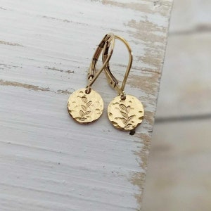 Hammered Gold Earrings / Leaf Nature Inspired Botanical / 14k Gold Fill Leverback / Everyday Lightweight Simple Small Round Dainty Minimal image 1