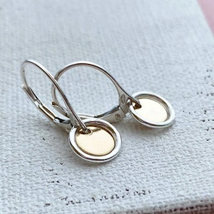 Tiny Mixed Metal Dangle Earrings, Leverback Earwire, Sterling Silver, 14k Gold Filled, Handmade Jewelry for Women Best Gift for Her Under 50