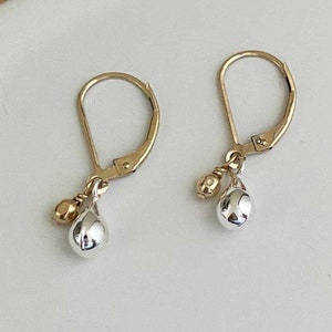 Tiny Mixed Metal Earrings, Leverback Earwires, Teardrop Dangle, 14k Gold Filled & Sterling Silver, Handmade Jewelry for Women, Unique Gift