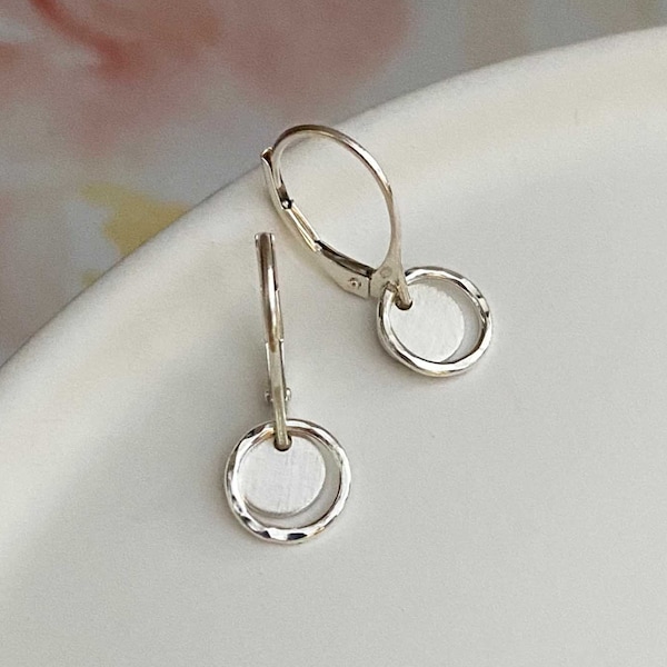 Teeny Tiny Silver Dangle Earrings, Minimalist Handmade Jewelry Sterling 925, Secure Leverback Earwires, Unique Gifts for Women Under 50