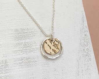 Dainty Mixed Metal Necklace, Silver and Gold, Two Tone, Everyday Handmade Jewelry, Hammered Circle, Coin Disc Pendant, Gift Idea Remy and Me