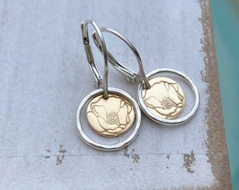 Poppy Flower Earrings, Dainty Handmade Jewelry, Two Tone, California Going Away Gifts, Sterling Silver & Gold Mixed Metal Leverback Earring