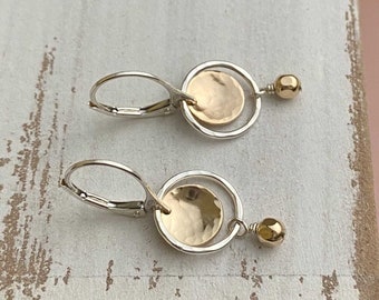 Mixed Metal Dangle Earrings Two Tone Handmade Jewelry Silver Leverback Earrings with Gold Accents, Hammered Circle Drop Remy and Me Jewelry