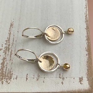 Mixed Metal Dangle Earrings Two Tone Handmade Jewelry Silver Leverback Earrings with Gold Accents, Hammered Circle Drop Remy and Me Jewelry