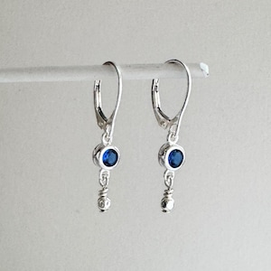 Minimalist Blue Earrings Sapphire CZ, Dainty Lever-back Earrings Dangle, September Birthstone Jewelry Gifts for Women Tiny Drop on Leverback