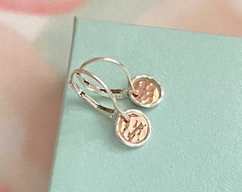 Teeny Tiny Rose Gold Earrings, Hammered Mixed Metal Dangle, Everyday Dainty Sterling Silver Leverback Earrings by Remy and Me Jewelry