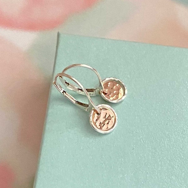 Teeny Tiny Rose Gold Earrings, Hammered Mixed Metal Dangle, Everyday Dainty Sterling Silver Leverback Earrings by Remy and Me Jewelry