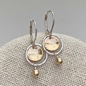 Small Mixed Metal Handmade Earrings, Silver & Gold, Unique Jewelry Gifts for Her, Everyday Hammered Dangle Leverback Earrings for Women